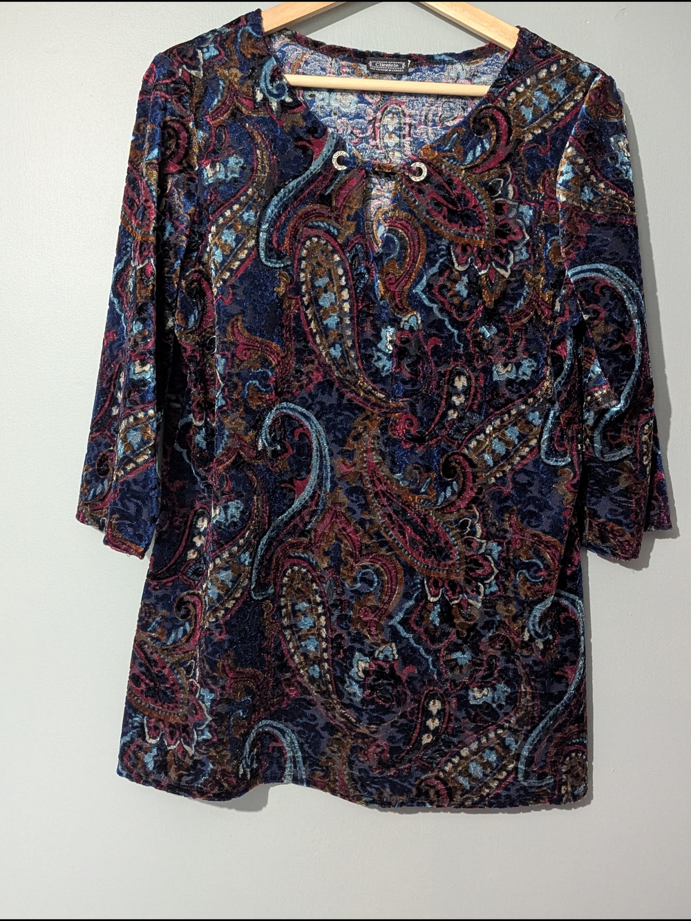 Clientele Vintage Women's Burnout Velvet Paisley Lace-Up Top Grunge Fairycore